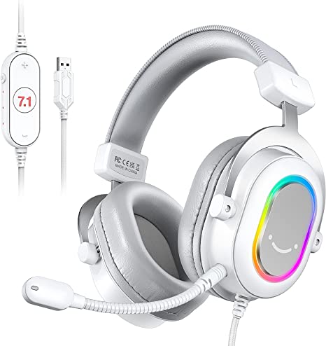 FIFINE USB Gaming Headset, PC Headphones Wired with Microphone for Computer/Laptop/PS4, Over-Ear RGB Headset with 7.1 Surround Sound, Noise Cancellation for Streaming Video Game- AmpliGame H6 (White)