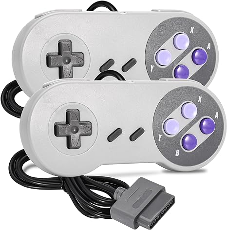 2 Pack Wired SNES Gamepad, iNNEXT SNES Controller Fully Compatible with Original SNES/SFC - [Plug and Play] (Gray/Purple)