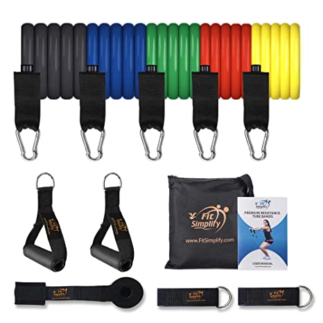 Fit Simplify Resistance Bands with Door Anchor Ankle Straps Instructional Booklet Carry Bag eBook and Online Videos - Exercise Band Set 11 pc