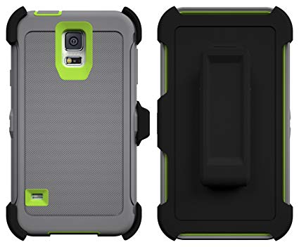 Galaxy S5 Case, ToughBox® [Armor Series] [Shock Proof] [Gray | Neon Green] for Samsung Galaxy S5 Case [Built in Screen Protector] [With Holster & Belt Clip] [Fits OtterBox Defender Series Belt Clip]