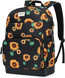 MOSISO 15.6-16 inch Laptop Backpack for Women, Polyester Anti-Theft Stylish Casual Daypack Bag with Luggage Strap & USB Charging Port, Sunflower Travel Business Backpack, Black