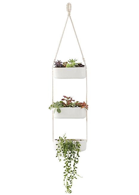 Mkono Macrame Hanging Planter with 3 Ceramic Plant Flower Pots, White