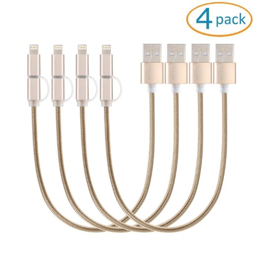 2-in-1 Lightning and Micro USB Cable [4 Pack 1Ft] High Speed USB Charging/Sync Data Lightning Cable Nylon Braided Micro USB Cable for iPhone 6S, iPad, iPod, Samsung Galaxy S7 and More (Golden)
