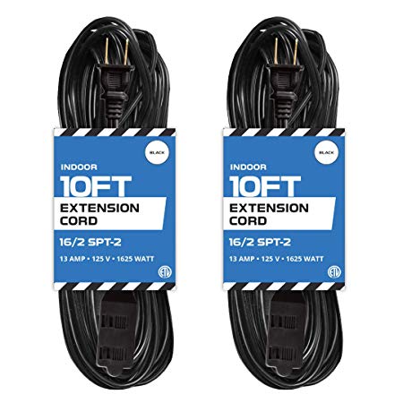 10 Ft Black Extension Cord 2 Pack - 16/2 Durable Electrical Cable