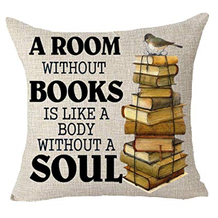 Queen's designer A Room Without Books is Like A Body Without A Soul Retro Books Decoration Cotton Linen Decorative Throw Pillow Case Cushion Cover Square 18" X18 (B)