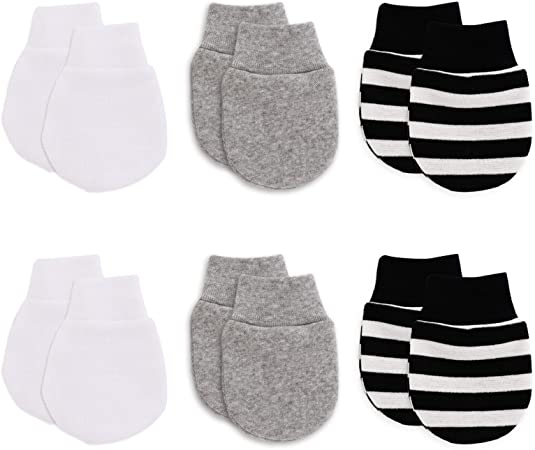 Newborn Unisex No Scratch Mittens Baby Boys Girls Cotton Gloves for 0-6 Months Toddler Infant Soft Hospital Mitten (C-white&grey&stripe, one size)