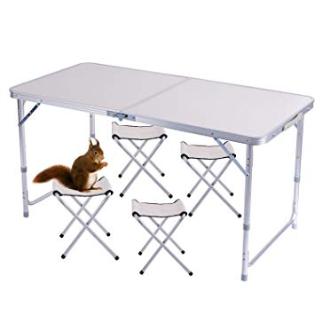 Folding Table 4ft with 4 Chairs Portable Adjustable Aluminum Alloy Indoor and Outdoor Dining Table with Portable Handle for Picnic Camping Barbecue