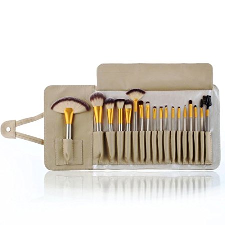 Rioa 18 pcs Professional Makeup Cosmetics Brushes Set Kits with White Cream-colored PU Case Bag