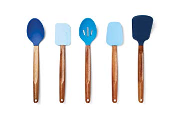 Fox Run 11716 Gradient Blues Silicone Cooking Utensils with Natural Acacia Hard Wood Handle, Set of 5,