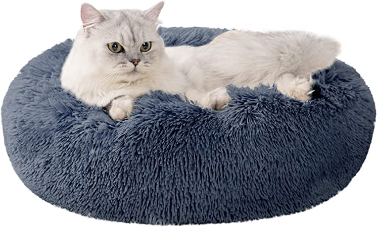 Love's cabin 20in Cat Beds for Indoor Cats - Cat Bed with Machine Washable, Waterproof Bottom - Blue Fluffy Dog and Cat Calming Cushion Bed for Joint-Relief and Sleep Improvement