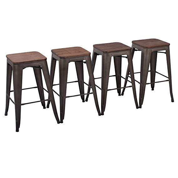 Yongchuang Metal Backless Counter Bar Stool for Indoor-Outdoor(Pack of 4) Gunmetal with Wooden Seat, 26"