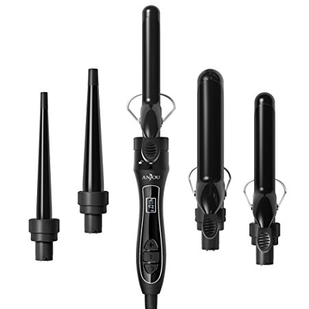 Anjou 5 in 1 Curling Wand Set with 5 Interchangeable Barrels, Curling Iron Set with Tourmaline Ceramic Coating (Adjustable Temperature 250°F - 410°F, Heat Resistant Glove & Travel Bag)