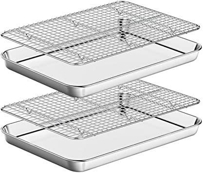 Baking Sheet with Rack Set [2 Pans   2 Racks ] HKJ Chef Stainless Steel Cookie Sheet Baking Pan Tray with Cooling Rack, Size 16 x 12 x 1 Inch, Non Toxic & Heavy Duty & Easy Clean