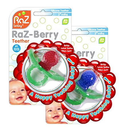 RaZbaby RaZ-Berry Silicone Teether / Double Pack Red & Blue / Multi-texture Design / Hands Free Design