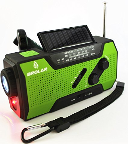 Emergency Solar Hand Crank Radio Self Powered AM/FM - NOAA Weather Radio, Survival LED Flashlight, Smart Phone Charger 2000mAh Power Bank by Brolar