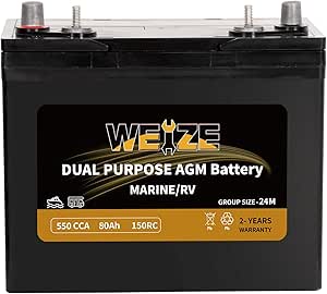 Weize Dual Purpose AGM Battery BCI Group 24M, Starter & Deep Cycle 150RC 550CCA 12V 80AH Sealed Marine & RV Battery