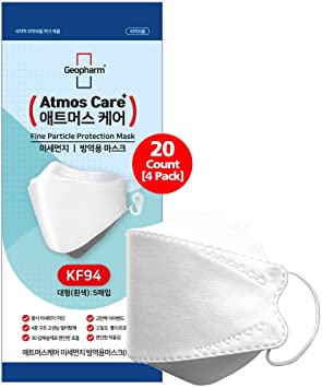 (Total 20 Count/ 4 Pack) Atmos Care 4 Layers Protective KF94 Certified Face Safety Mask (White), For Adults and Older Children, 5 Masks in 1 Pack, Made in South Korea