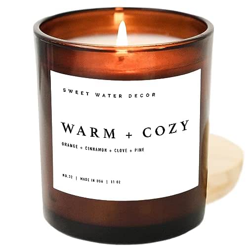 Sweet Water Decor Warm and Cozy Soy Candle | Pine, Orange, Cinnamon, and Fir Winter Scented Candle for Home | 11oz Amber Jar Candle with Wood Lid, 50  Hour Burn Time, Made in the USA