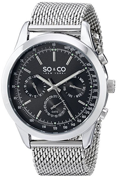 SO & CO New York Monticello Men's Quartz Watch with Black Dial Analogue Display and Silver Stainless Steel Bracelet 5006A.1