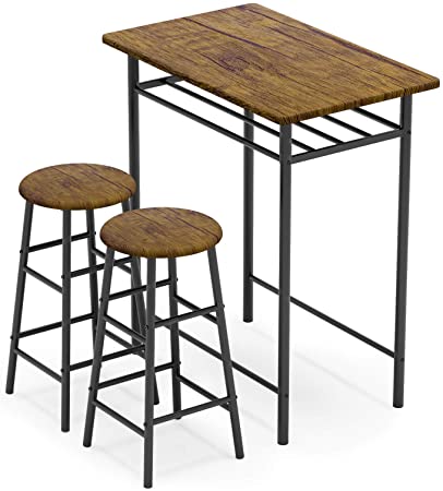 WeeHom 3 Pieces Bar Table Set, Modern Pub Table and Chairs Dining Set, Kitchen Counter Height Dining Table Set with 2 Bar Stools, Built in Storage Layer, Easy Assemble, Brown