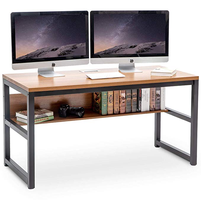 TOPSKY Computer Desk with Bookshelf/Metal Desk Grommet Hole Cable Cover 55" Simple Style Study Desk Office Desk Study Table Workstation (Oak Brown)