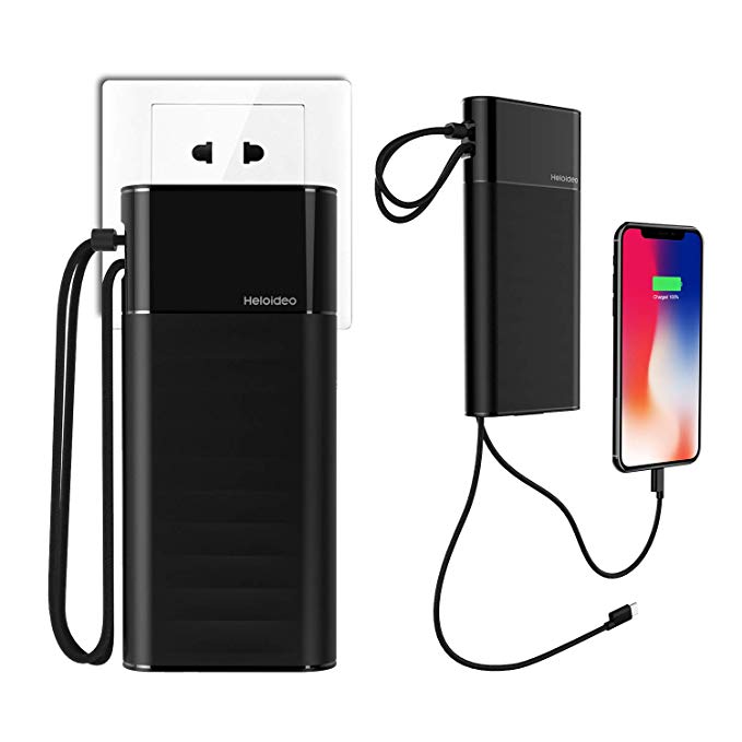 Heloideo 20000mAh Portable Power Bank External Battery Pack Charger Fast Charge QC3.0 PD 18W Total 5.1A 28.5W Built-in AC Wall Plug,Built in Cables Compatible iPhone Xs/XS Max / 8 / Plus, Pixel,