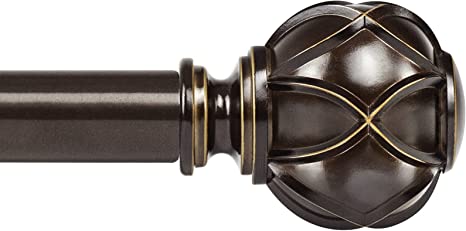 KAMANINA 1 Inch Curtain Rod Telescoping Single Drapery Rod 110 to 195 Inches (9.2-16.2 Feet), Antique Bronze Curtain Rods for Windows 98 to 191 Inches, Netted Texture Finials