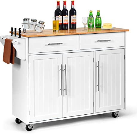 COSTWAY Kitchen Island Cart, Large Storage Trolley with 2 Drawers, 2 Cabinets, Knife Rack, 4 Lockable Wheels & Rubber Wooden Tabletop, Mobile Serving Utility Cart, 122 x 46 x 92cm (White)