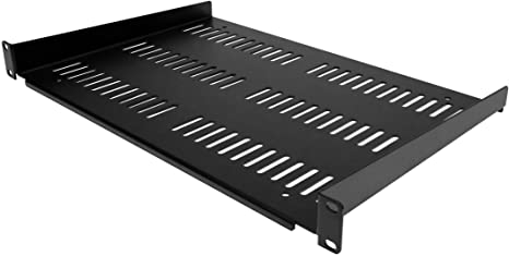 1U Server Rack Shelf - Universal Vented Rack Mount Cantilever Tray for 19" Network Equipment Rack & Cabinet - Heavy Duty Steel – Weight Capacity 44lb/20kg - 12" Deep Shelf, Black (SHELF-1U-12-FIXED-V)