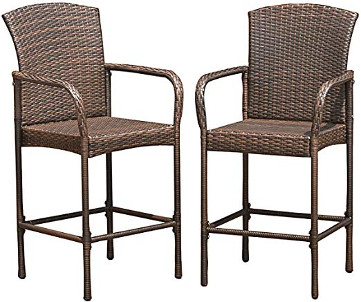 COSTWAY Rattan Wicker Bar Stool Outdoor Backyard Chair Patio Furniture with Armrest Set of 2