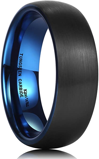 King Will Duo Unisex 5mm 6mm 7mm 8mm Classic Black Rose Gold/Blue Domed Tungsten Carbide Wedding Band Ring Comfort Fit