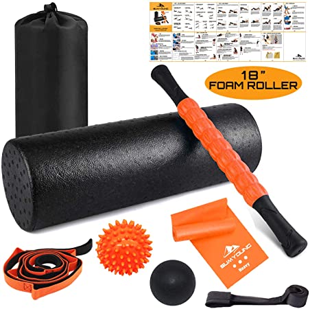 Foam Roller Set, 8 in 1, 18" Muscle Foam Roller with Muscle Roller Stick,Spiky Massage Ball, Solid Ball, Stretching Strap, Resistance Band and Door Anchor, Perfect for Pain & Tightness Relief Home Gym