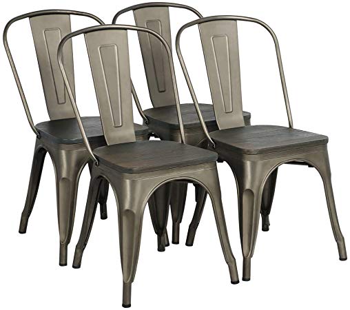 Yaheetech Metal Dining Chairs with Wood Seat/Top Stackable Side Chairs Kitchen Chairs with Back Indoor-Outdoor Classic/Chic/Industrial/Vintage Bistro Café Trattoria Kitchen Gun Metal, Set of 4