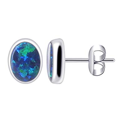 Gem Avenue October Birthstone Created Opal 925 Sterling Silver 8 x 6mm Oval Stud Earrings