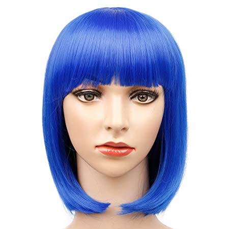 Colorful Bird Straight Bob Wig with Bangs Blue Short Bob Wigs for Women Cosplay Halloween Party Wigs Heat Resistant Synthetic Wigs (Dark Blue,12 inches)
