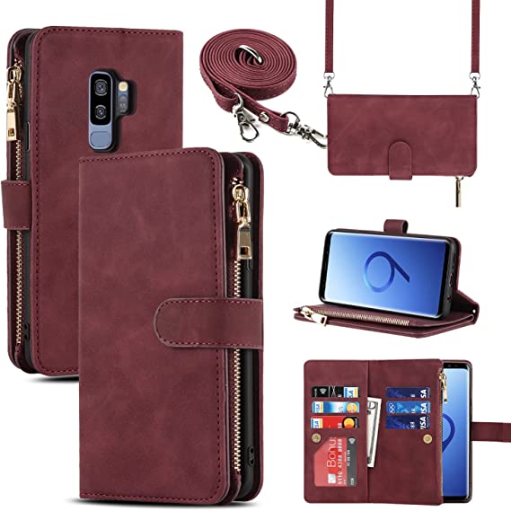 SailorTech Samsung Galaxy S9 Plus Case, Wallet Case 9 Card Holder 1 Zipper Coin Wallet 2 Cash Slot Lanyard Flip Leather Cover Compatible with Galaxy S9 Plus Wine Red