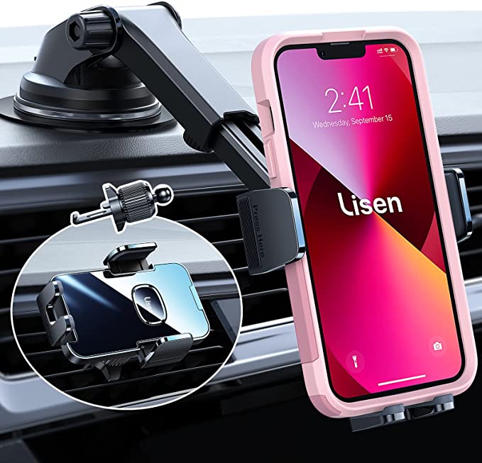 Phone Mount for Car, LISEN Dashboard Car Phone Holder Mount, Car Mount for iPhone Holder for Car Windshield Air Vent Compatible with iPhone 13 Pro Max, and All 4-7'' Smartphone