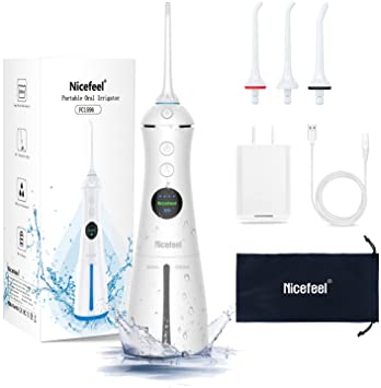 Nicefeel Portable Water Flosser Cordless Rechargeable Dental Cleaner Irrigator, with Gravity Ball, LCD Display, 300ml Tank 6 Modes 4 Jet Tips, and IPX7 Water Proof for Travel & Home & Braces