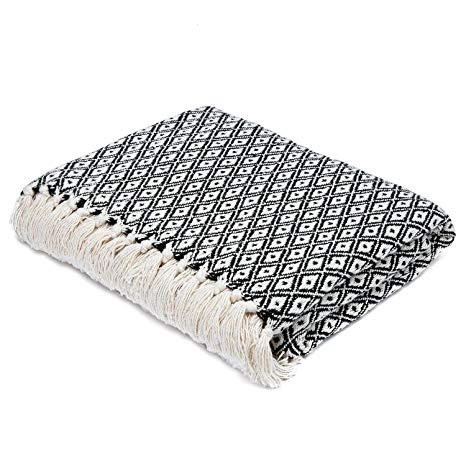 Americanflat Omala Black and Cream Mini Diamond Cotton Blanket Throw with Fringe - 50x60 Inches