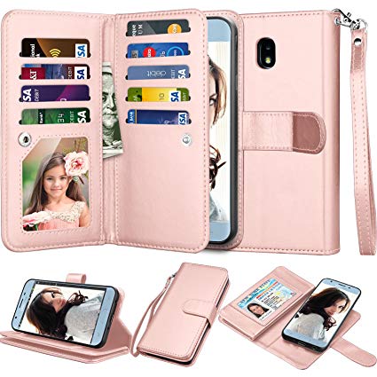 Njjex Galaxy J7 2018 Wallet Case, for Samsung J7 Refine/J7 V 2nd/J7 Aero/J7 Aura/J7 Top/J7 Crown/J7 Eon/J7 Star Case, PU Leather ID Credit Card Slots Holder Kickstand Flip Cover & Lanyard [Rose Gold]