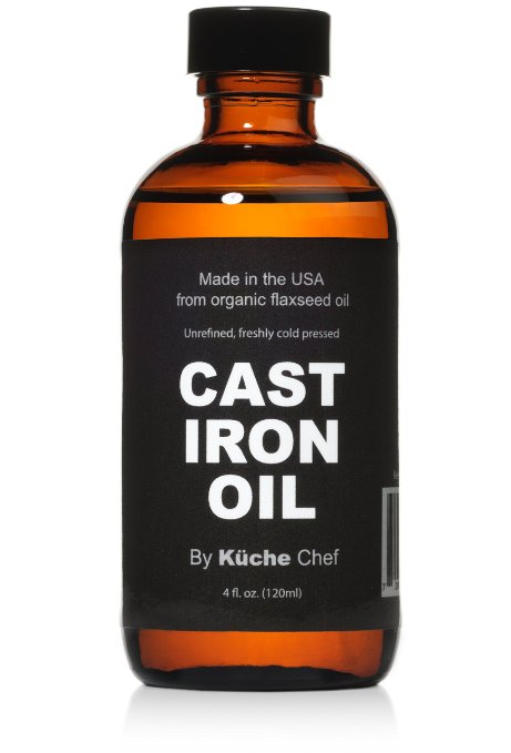 Organic Cast Iron Oil & Cast Iron Conditioner - Made from Flaxseed Oil grown and pressed in the USA - Creates a Non-Stick Seasoning on All Cast Iron Cookware