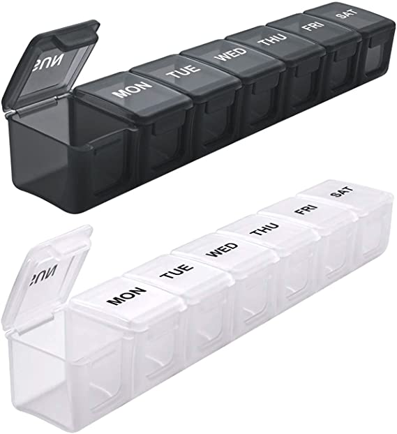 TookMag 2 Pack Extra Large Pill Organizer 7 Day, XL Daily Pill Cases Weekly Pill Box, Oversize Daily Medicine Organizer for Pills / Vitamin / Fish Oil / Supplements (Black White)