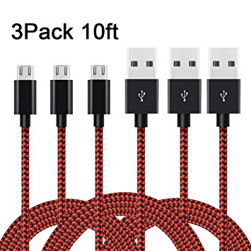 AOFU Micro USB Cable,3 Pack 10FT Long Nylon Braided High Speed 2.0 USB to Micro-USB Charging Cables Android Fast Charger Cord for Samsung Galaxy S7 Edge/S6/S4, Note 5/4,(Black Red)