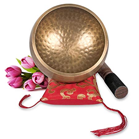 Tibetan Singing Bowl Set ~ Maha Bodhi 4.5 Inch Wide Authentic Meditation Gong for Relaxation, Chakra Healing, Stress Reducer, Yoga and Spiritual Mind ~ Artisan Hand Hammered ~ Perfect Gift