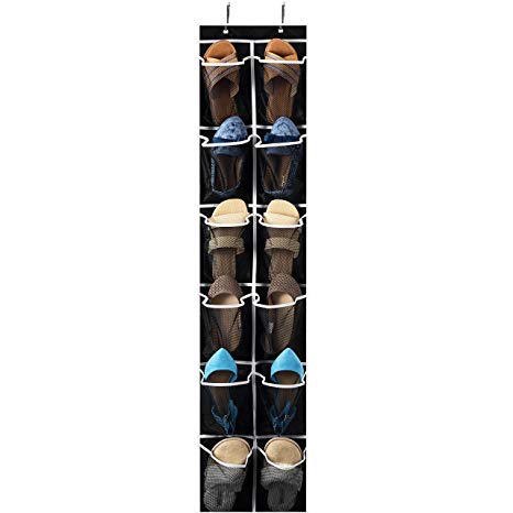 Premium 12 Pocket Hanging Shoe Storage with Hooks - Durable Non-Woven Over Door Shoe Hanger Storage Bag Organiser, Breathable Mesh Pockets, Wardrobe Hanging Shoes Rack, Adjustable Easy Assembly Hooks