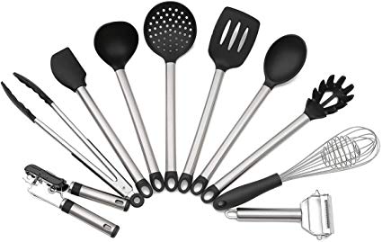 SUMME Stainless Steel Cooking Utensils Set -10 kitchen Utensils Silicone - Spatula Set Handle Heat Resistant Kitchen Tools (Black).