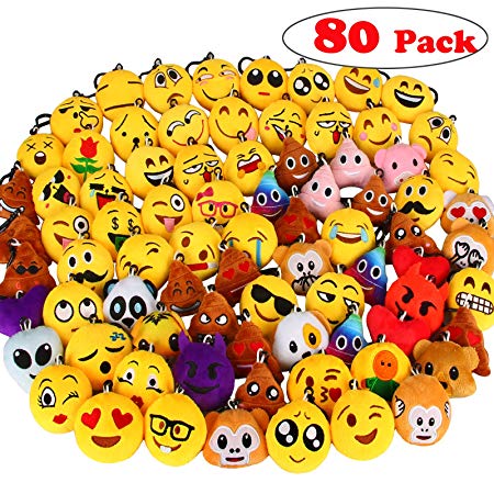 Dreampark 80 Pack Mini Emoji Keychain Plush, Party Favors for Kids, Halloween / Birthday Party Supplies, Emoticon Gifts Toys Carnival Prizes for Kids 2" Set of 80