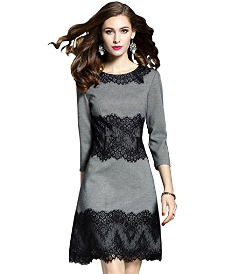 LANRUO Women's 3/4 Sleeve Lace Cotton Colorblock Cocktail Evening Formal Dress