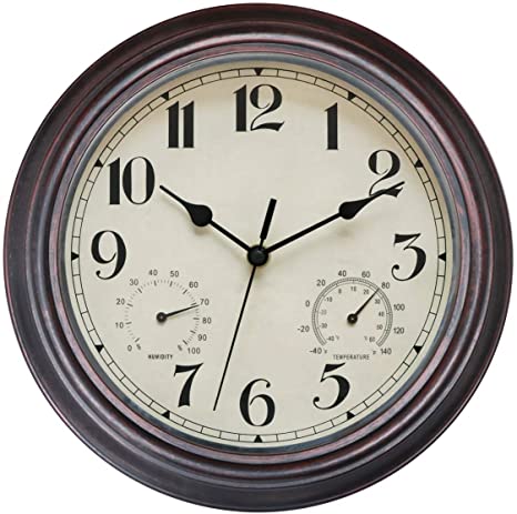 Lumuasky 12-Inch Indoor/Outdoor Waterproof Wall Clock with Thermometer and Hygrometer Combo,Vintage Silent Non-Ticking Battery Operated Clock Wall Decorative- Bronze