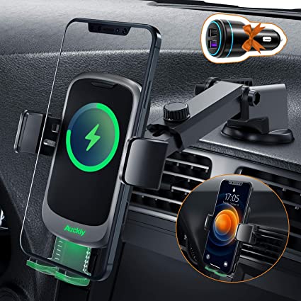 Auckly Wireless Car Charger,Qi 15W Fast Charging Automatic Clamping Mount Windscreen Air Vent & Dashboard Mobile Phone Holder Free QC 3.0 Compatible for iPhone 12 Pro Max Mini 11/11 Pro Max/XS/XR etc